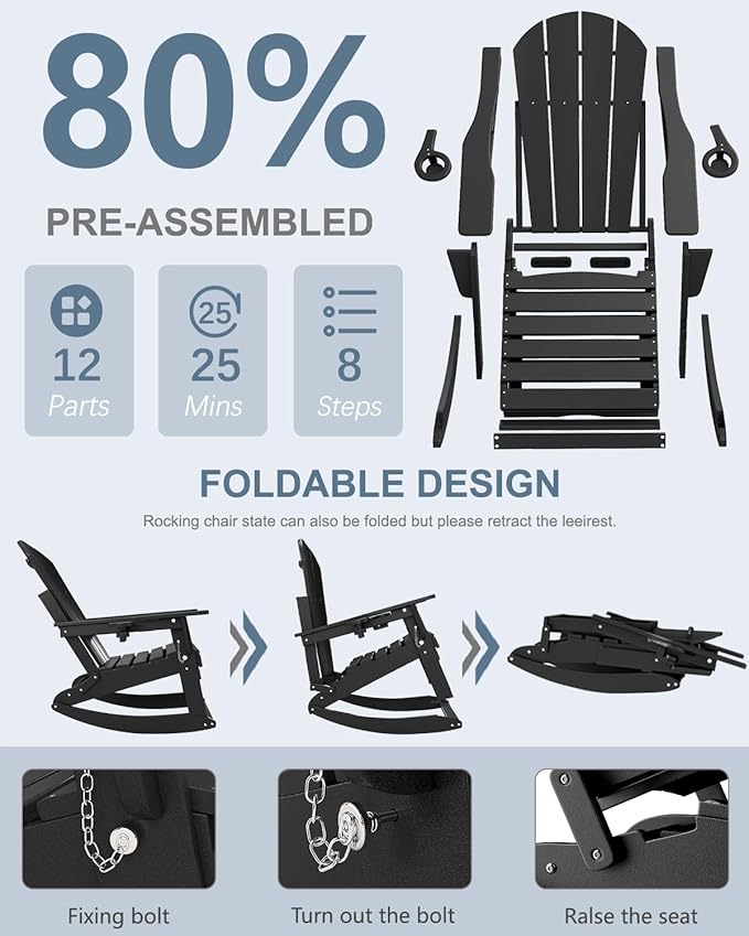 Adirondack Rocking Chairs Set of 2 with Retractable Ottoman, All Weather Folding Adirondack Chair with Two Cup Holders, Adirondack Outdoor Rocking Chairs for Porch, Patio, Balcony. Black