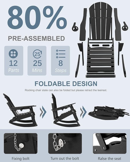 Adirondack Rocking Chairs Set of 4 with Retractable Ottoman, All Weather Folding Adirondack Chair with Two Cup Holders, Adirondack Outdoor Rocking Chairs for Porch, Patio, Balcony. Black