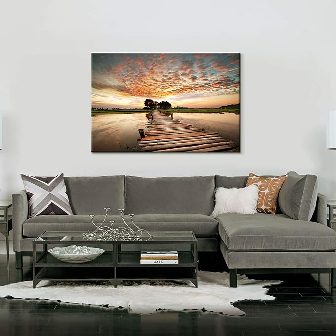 Hardy Gallery Lake Bridge Canvas Picture Artwork: Wooden Bridge Painting Sunset Landscape Wall Art Print for Living Room (45” x 30” x 1 Panel)