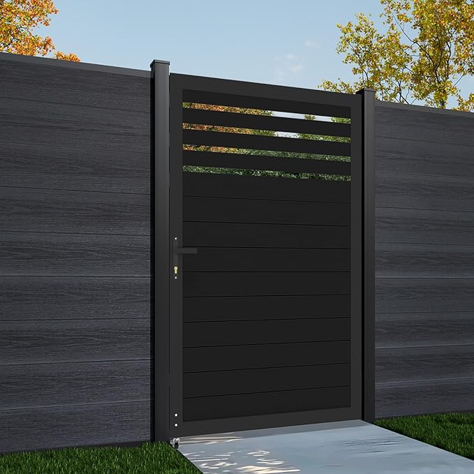 6ft x 4ft Aluminum Alloy Privacy Gate - Outdoor Metal Garden Gate with Lockable Knob, Partially Enclosed Security Gate, Design for Patio, Yard & Backyard, Easy Installation Without Posts