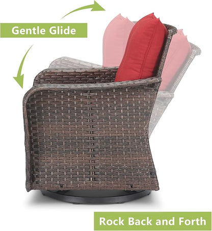 Rilyson Outdoor Patio Swivel Rocker Chairs - 4 PC Wicker Rattan Patio Rocking Glider Chair Set with High Back,Comfy Cushions and Deep Seating for Porch Deck Backyard Garden(Brown/Red)