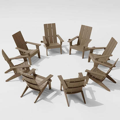 MXIMU Modern Adirondack Chairs Set of 8 Weather Resistant with Cup Holder Oversize Plastic Fire Pit Chairs Plastic Outdoor Chairs for Firepit Area Seating (Teak)
