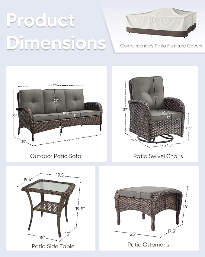 6 Pieces Outdoor Furniture-Patio Swivel Rocker Chairs Set of 2 3-Seater Wicker Couch with Outdoor Ottoman Outdoor Patio Furniture Set for Deck Porch Garden Balcony Poolside-Brown/Grey