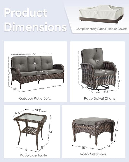 6 Pieces Outdoor Furniture-Patio Swivel Rocker Chairs Set of 2 3-Seater Wicker Couch with Outdoor Ottoman Outdoor Patio Furniture Set for Deck Porch Garden Balcony Poolside-Brown/Grey