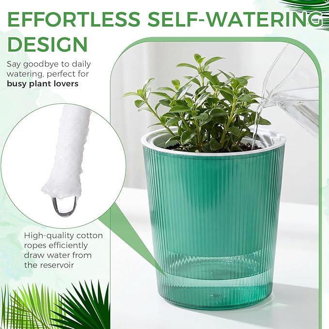 6 Pack Self Watering Pots for Indoor Plants Plastic Vertical Ribbed Semi Transparent Planters, Dual Layer Reservoir for Indoor Succulents Herbs Pothos(Green, White,4.4 x 4.9 Inch)