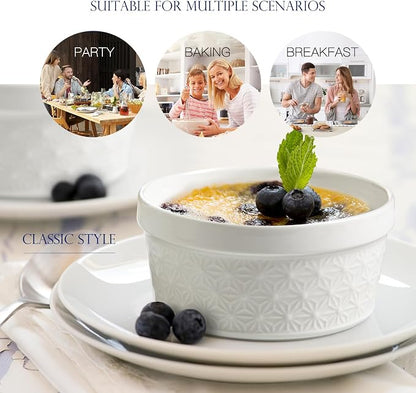 8 oz Creme Brulee Ramekins Oven Safe - Ceramic Baking Bowls Set of 6, Porcelain Souffle Dish, White Snowflake Baking Bowls for Dessert, Pudding, Pie, Tart, Custard, Dipping Sauces