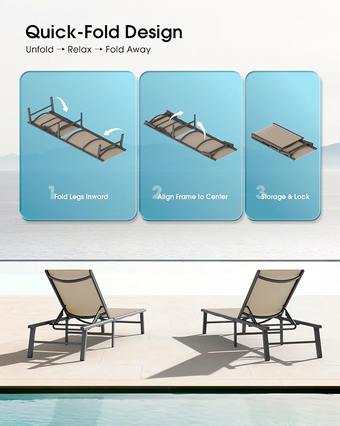 Ciokea Foldable Outdoor Lounge Chair Set of 4, No Assembly Aluminum Chaise Lounge Outdoor with 5-Positions, Aluminum Pool Lounge Chairs with Portable Design for Pool, Deck, Beach, Patio (Khaki)