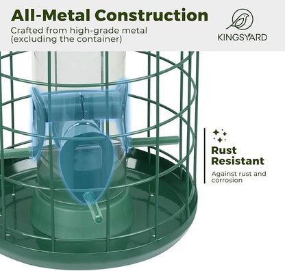 Kingsyard Upgraded Squirrel Proof Caged Bird Feeder for Outdoor Hanging - Additional Storage Tube Bird Feeder with 4 Feeding Ports & Perches, Easy to Clean & Refill. Green