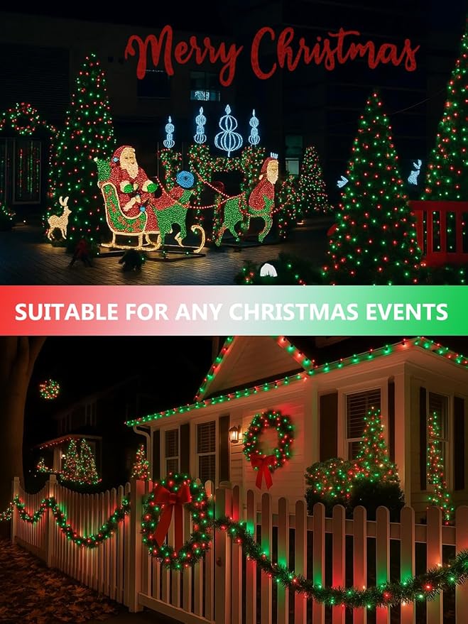 4 Pack Solar Christmas Lights Outdoor Waterproof, 132FT 400LED Solar String Lights Green Wire Fairy Lights, Solar Twinkle Lights with 8 Lighting Modes for Xmas Garden Decorations (Red&Green)