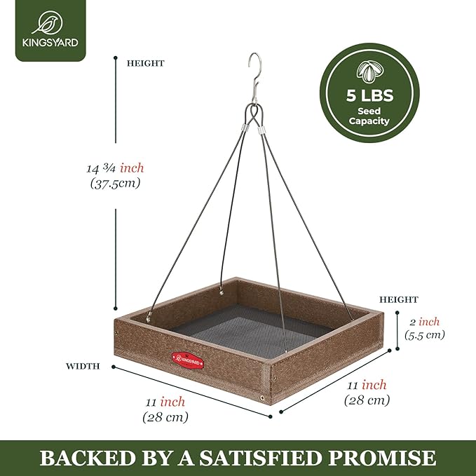 Kingsyard WPC Composite Platform Bird Feeder for Outside, Heavy Duty Hanging Tray for Mealworms & Seeds, 3.5 lbs Large Capacity, Weatherproof Recycled Plastic Material, Easy to Clean, Brown