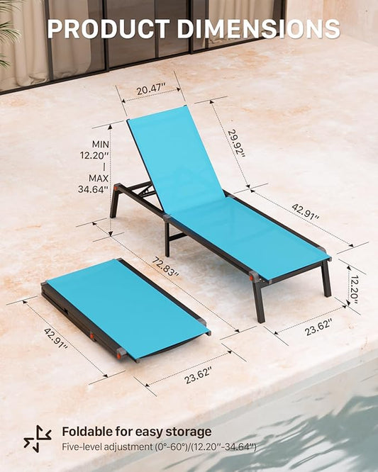 Aluminum Chaise Foldable Patio Lounge Chair Outdoor, Metal Deck Lounger Adjustable 5-Position Recliner Pool Chase Breathable Full Flat Outside Sun Tanning Chairs for Beach/Poolside/Lawn(Blue, 2 Pack)
