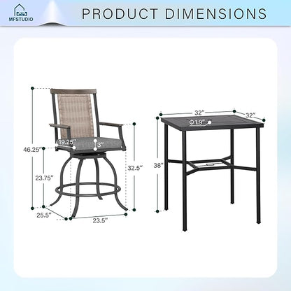 MFSTUDIO Outdoor Bar Set of 5 with 4 Swivel Rattan Backrest Metal Patio Bar Stool and 1 Square Metal Table, All Weather Resistant Patio Table and Chair Set