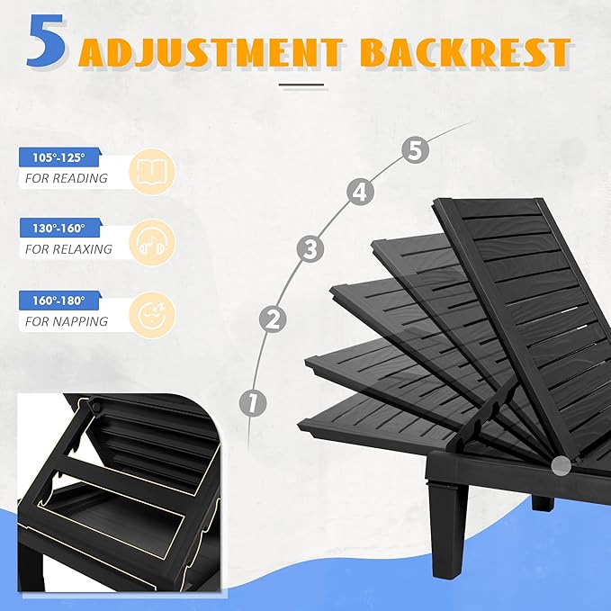 Outdoor Lounge Chairs Set of 2, 5-Position Adjustable Tanning Chairs with Wood Grain, All-Weather Resin Patio Recliners for Pool, Garden, Deck, Beach, Patio Lounge Chairs, Texture Black