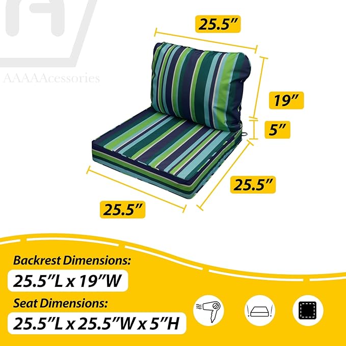 AAAAAcessories Outdoor Seat Cushions for Chairs, Fade-Resistant, Waterproof Patio Furniture Replacement Cushions, 25.5" x 25.5" x 5" + 25.5" x 19", Stormy Teal Coastal Stripe