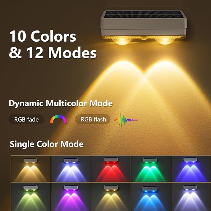 VOLISUN Solar Fence Lights Outdoor 8 Pack, 10 Colors ＆ Color Changing Fence Lights Solar Powered, IP65 Waterproof Solar Lights for Fence, Garden, Patio, Backyard, Railing, Deck, Wall, Pool（White）