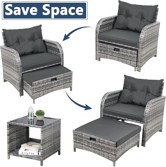 5 Pieces Wicker Outdoor Patio Chairs Set with Ottoman, Patio Furniture Set with Foot Rest Underneath, PE Rattan Garden Arm Chairs with Hidden Ottoman for Poolside Garden Balcony, Grey