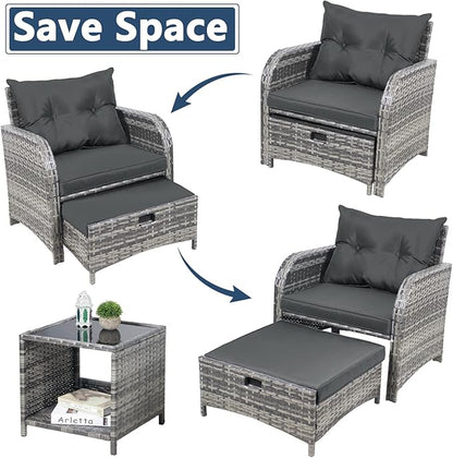 5 Pieces Wicker Outdoor Patio Chairs Set with Ottoman, Patio Furniture Set with Foot Rest Underneath, PE Rattan Garden Arm Chairs with Hidden Ottoman for Poolside Garden Balcony, Grey