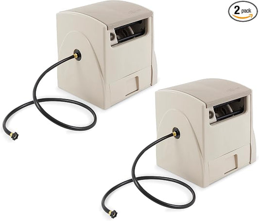 Suncast 2 Pack Automatic Rewind Garden Hose Reel, 100 ft. 5/8 in. Vinyl Hose Holder, Light Taupe