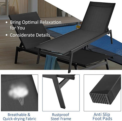 Tangkula 2 Pieces Outdoor Chaise Lounge Chair, 6-Position Adjustable Reclining Chair with Breathable Fabric and Heavy Duty Steel Frame, Patio Lounge Chair for Garden, Backyard and Poolside (2, Black)