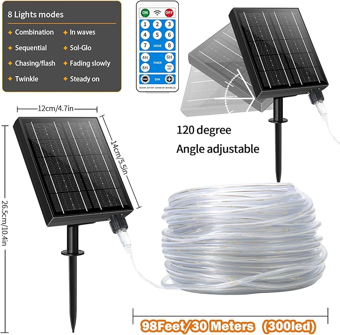 LairtPOW 98FT Waterproof 300LEDs Solar Rope Lights, Type C Charging, Remote-Controlled, for Outdoor Pathway Pool Patio Party Garden Yard Palm Tree Holidays (Brighter - Warm White)