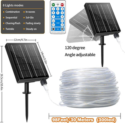 LairtPOW 98FT Waterproof 300LEDs Solar Rope Lights, Type C Charging, Remote-Controlled, for Outdoor Pathway Pool Patio Party Garden Yard Palm Tree Holidays (Brighter - Warm White)
