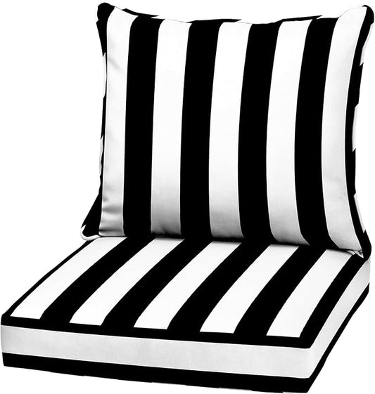 Arden Outdoor Deep Seat Cushion Set, 22 in x 24 in, Weather-Proof, Rain-Proof, Fade Resistant Patio Cushion Black Cabana Stripe