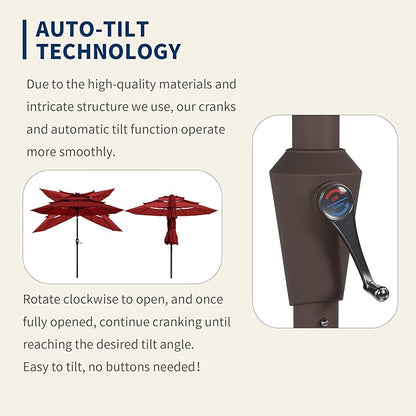 9FT 3 Tiers Patio Umbrella With Auto Tilt And Crank, Outdoor Table Market Umbrella with 8 Sturdy Ribs for Garden, Lawn, Deck, Backyard and Pool (Red)