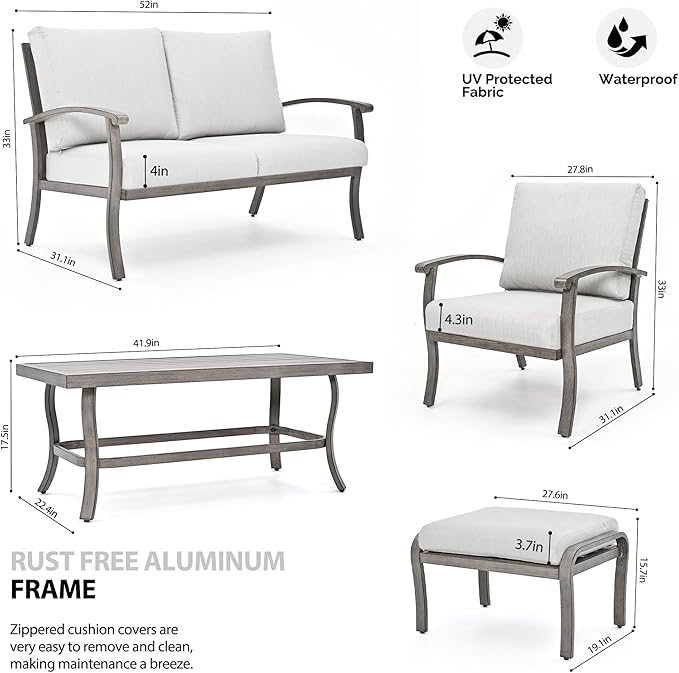 HAPPATIO 6 Piece Aluminum Patio Furniture Set, Outdoor Armchairs with Ottomans and Loveseat, Outdoor Sectional Sofa with Comfortable Cushions and Coffee Table(Gray)