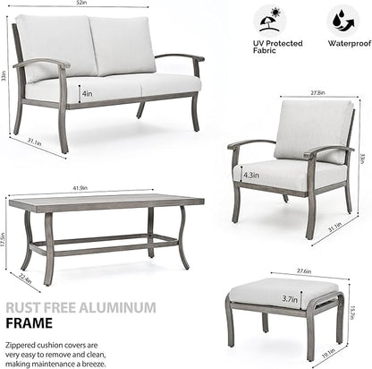 HAPPATIO 6 Piece Aluminum Patio Furniture Set, Outdoor Armchairs with Ottomans and Loveseat, Outdoor Sectional Sofa with Comfortable Cushions and Coffee Table(Gray)
