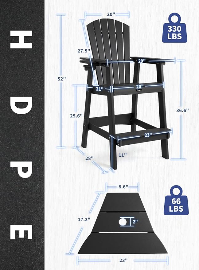 FUNBERRY Tall Adirondack Chairs Set of 2 with Removable Connecting Table, All Weather High Top Balcony Chair with Cup Holders