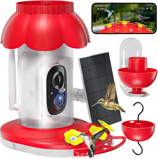 Upgrated Solar Hummingbird Feeder with Camera for Outdoors, Instant Notifications, AI Identify Bird Species, Double Ant Moat, Bee Proof, 3 Feeding Ports Hummingbird Feeders for Garden, Yard