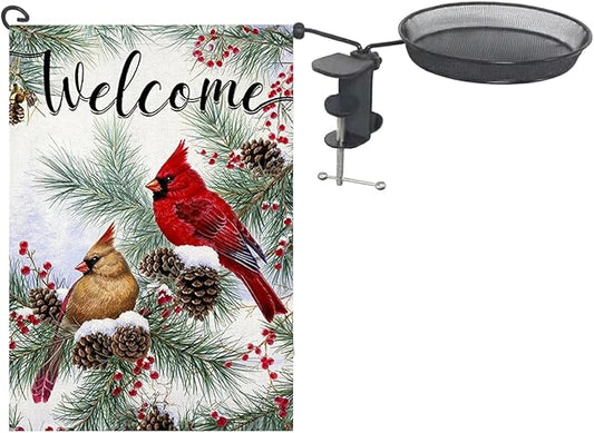 Railing Bird Feeder with Cardinal Flag for Balcony/Deck/Porch 8" Platform Bird Seed Tray and Garden Flag Handrail Mount Metal Mesh Feeder for Wildbird Feeding