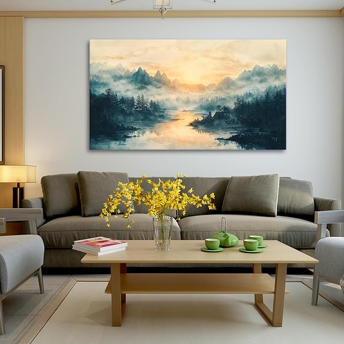 JLXART Landscape Canvas Wall Art Beautiful Lake Mountain Nature Scenic Picture Print Sunrise for Living Room Forest National Park Scenery Artwork Painting Decor,Inner Frame 20x40inch