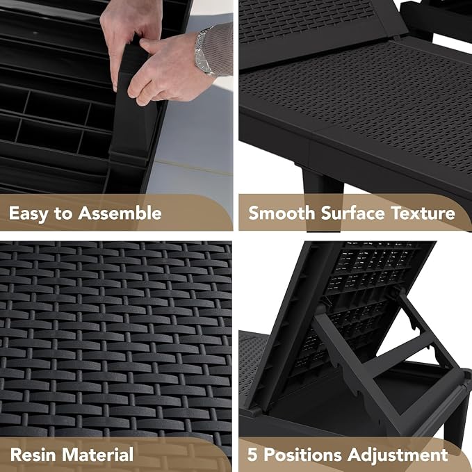 Devoko Outdoor Chaise Lounge Chair Set of 4 for Outside Pool Patio, Adjustable Waterproof Easy Assembly Chaise Lounge Outdoor (Black, Set of 4)