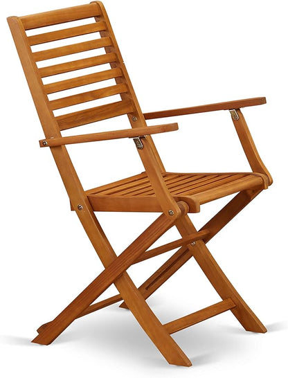 East West Furniture SEBS3CANA 3 Piece Folding Patio Bistro Sets Outdoor Set Contains a Square Acacia Wood Coffee Table and 2 Folding Arm Chairs, 26x26 Inch, Natural Oil