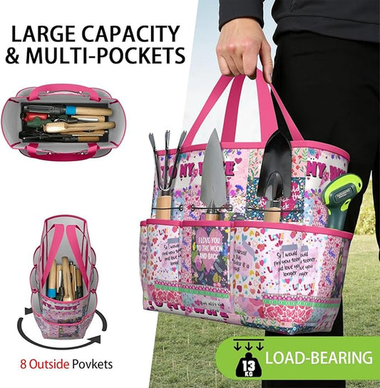 Boho Garden Tool Bag - Waterproof Floral Garden Tote with 8 Pockets, Large Storage Home Organizer Gardening Tool Oxford Bag for Garden Tools Kits Holder, Ideal Outdoor Gardening Gift for Women & Men