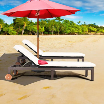 Tangkula 2PS Patio Chaise Lounge Chair, Outdoor Rattan Lounger Recliner Chair W/Wheels, Wicker Chaise Chair W/Cushioned Seating, Recliner 5-Position Adjustable for Garden, Patio, Poolside (2, Beige)