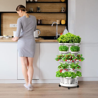 7 Tiered Strawberry Vertical Planter 2 Pack, Stackable Tower Garden Planter Herb Garden Planter with Movable Casters and Bottom Saucer Indoor and Outdoor - White