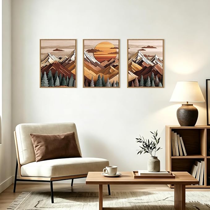 KAIRNE Woodcut Style Mountain Framed Canvas Wall Art Set,Wooden Pine Tree Wall Decor,Vintage Forest Landscape Art Prints,Nature Sunrise Artwork for Living Room,Bedroom,Farmhouse,Office-12 x16 x3