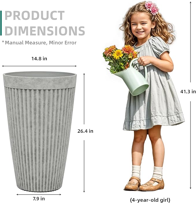 20" Resin Planters for Plants Tall Large Flower Pots Set of 2 Heavy-Duty Garden Pot Handmade Fluted Texture Weather-Resistant for Year Round Indoor Outdoor use, Vintage Gray