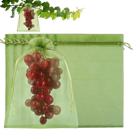 Shintop 100Pcs Fruit Protection Bags, 8x12 Inch Green Grape Netting Cover Drawstring Mesh Bags Pest Barrier for Fruit Trees Flower
