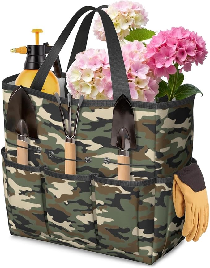 Green Camo Garden Tool Bag - Waterproof Garden Tote with 8 Pockets, Large Storage Home Organizer Gardening Tool Oxford Bag for Garden Tools Kits Holder, Ideal Outdoor Gardening Gift for Women & Men