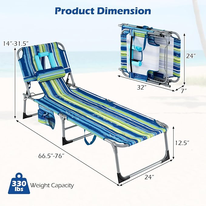 GYMAX Tanning Chair with Face Hole, Sun Bathing Lounge Chairs for Outside with Side Pocket, Folding Portable Face Down Layout Tanning Chair Beach, Backyard, Poolside, Lawn (Blue Stripe,1)