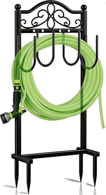 Upgraded Garden Hose Holder - Heavy Duty Freestanding Metal Hose Holder with 4 Stabilizing Spikes, Sturdy Hose Hanger up to 100ft Hose for Yard, Lawn & Outdoor Garden (Black)