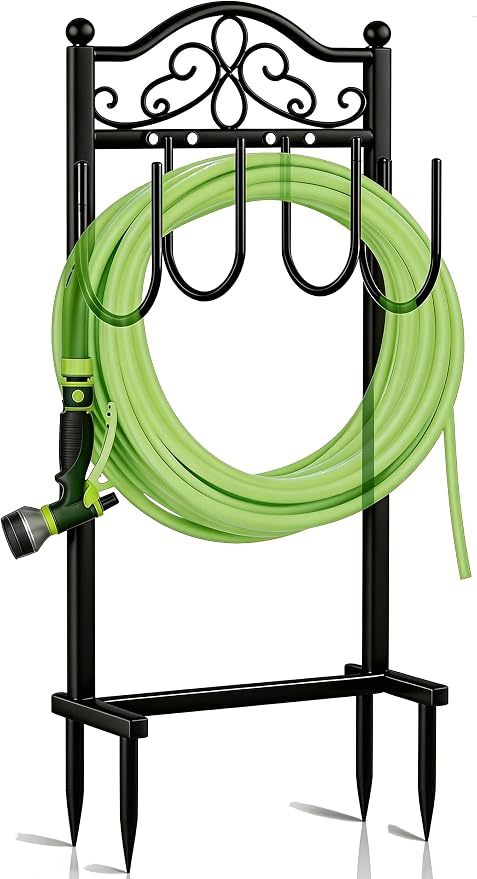 Upgraded Garden Hose Holder - Heavy Duty Freestanding Metal Hose Holder with 4 Stabilizing Spikes, Sturdy Hose Hanger up to 100ft Hose for Yard, Lawn & Outdoor Garden (Black)