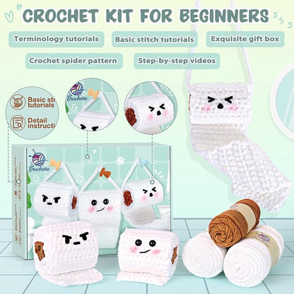 Crochetta Crochet Kit for Beginners, Crochet Starter Kit w Step-by-Step Video Tutorials, Beginner Crochet Kit for Adults Kids Women Men Complete Kit Included (Toilet Paper Buddies)