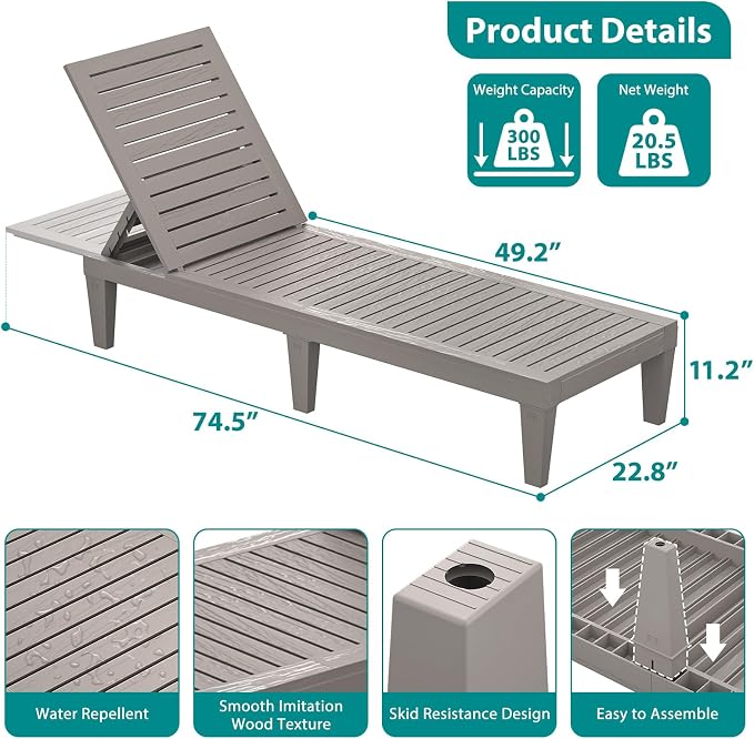 Outdoor Lounge Chairs Set of 4 for Poolside Patio, Weather-Resistant Pool Chaise Lounge with Adjustable Backrest, Resin Tanning Chair Sun Lounger for Outside Deck, Beach, Sunbathing, Taupe