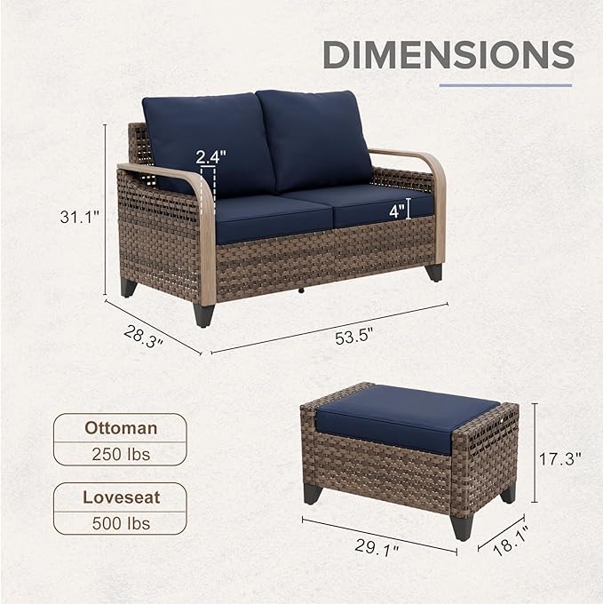 COOS BAY Modern Wicker Outdoor Furniture Set, Patio Conversation Set with 2 Seat Loveseat, and Ottomans, 3 Piece, Brown/Blue