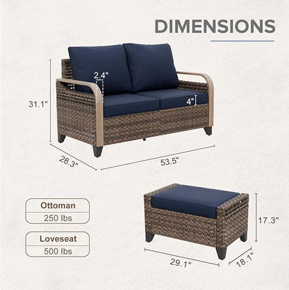 COOS BAY Modern Wicker Outdoor Furniture Set, Patio Conversation Set with 2 Seat Loveseat, and Ottomans, 3 Piece, Brown/Blue
