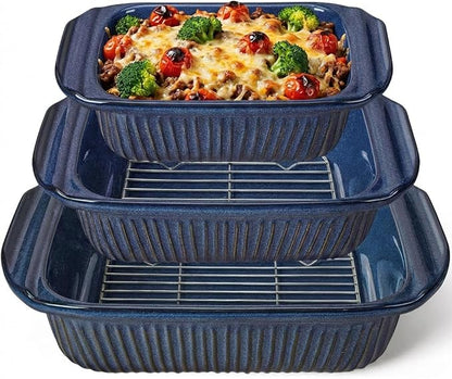 Artena Casserole Dishes For Oven, Ceramic Baking Dish, Large Lasagna Pan With Handles, Baking Pan Casserole Dish, Rectangular Bakeware Deep, Set Of 3 (5.1Qt/2.3Qt/1.1Qt) (Blue, With Racks)